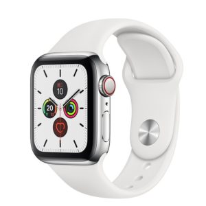 Apple Watch Series 5 40mm GPS + 行動網路 不鏽鋼錶殼；運動型錶帶 ” Apple Watch5 ” 錶帶顏色：白色  (完售,請參考其他商品)